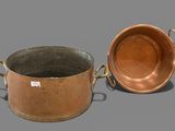 pair of antique copper pots and pans on grey background