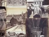 Plusieurs vieilles photos de bâtiments et d'architecture sont exposées sur une table