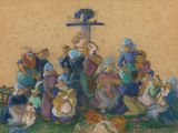 tableau représentant un groupe de personnes rassemblées autour d'une croix dans un champ