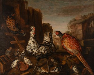 un tableau représentant un groupe d'oiseaux et de souris posés sur une table