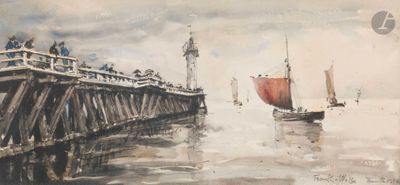 une peinture représentant un bateau sur l'eau près d'un embarcadère