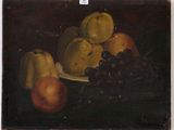 a painting of a plate of fruit on a table