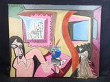 un tableau représentant une femme assise à une table avec un chat