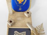 an image of a blue and gold flag hanging on a wall next to a plant