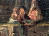 an image of a painting of a group of people sitting on a ledge