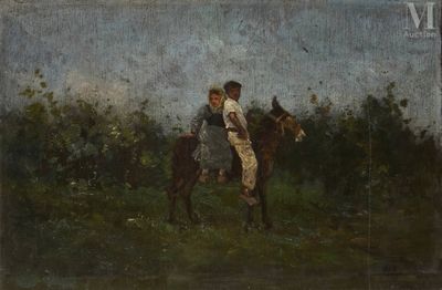 tableau représentant un couple à cheval dans un champ, avec des arbres en arrière-plan