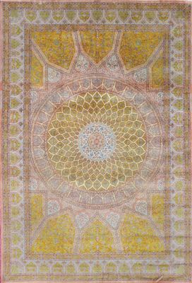 an oriental rug with a medallion design in yellow and pink