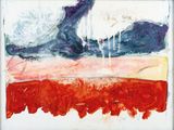 une peinture abstraite aux couleurs rouge, blanc et bleu sur fond blanc