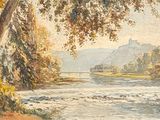 a watercolor painting of a river with a bridge in the background