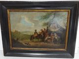 an oil painting of a group of people riding horses in a field