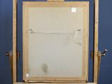 an old wooden easel with a painting hanging on it ' s side