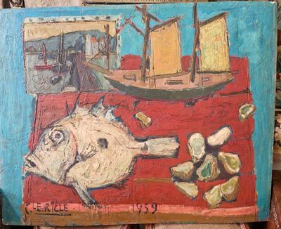 un tableau représentant un poisson et un bateau posé sur une table