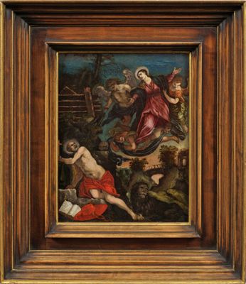une peinture représentant une scène biblique, dans un cadre en bois