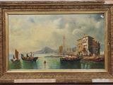 an oil painting of boats in a harbor with a building in the background