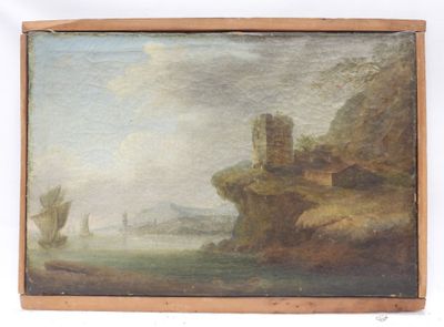 an image of a painting of a river with a castle in the background