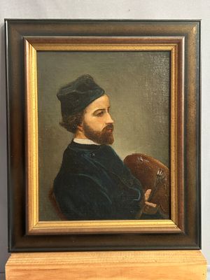 tableau représentant un homme barbu, coiffé d'un chapeau et tenant un éventail