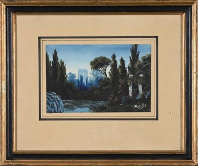 une peinture à l'huile représentant un paysage de montagne avec des arbres et une rivière