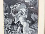 an old picture of a woman walking down a path with a bird in her hand