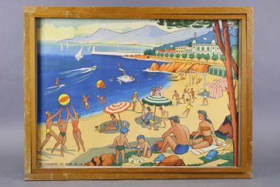 painting of a beach scene with people on the sand and a sailboat in the water