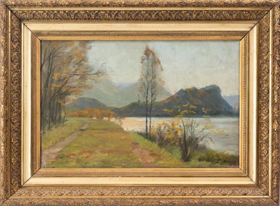 a painting of a landscape with trees and a lake in the background