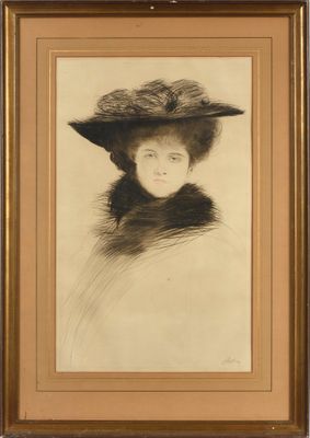 portrait d'une femme portant un grand chapeau et un col en fourrure