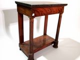 a small wooden table with a marble top on a white background