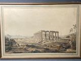 tableau représentant la vue d'un temple romain dans un paysage montagneux