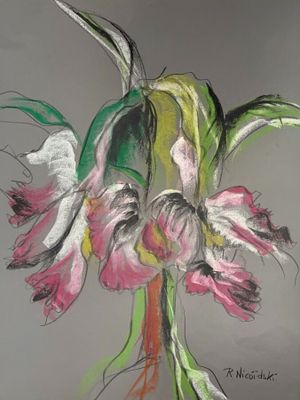 drawing of a painting of a pink flower with green leaves
