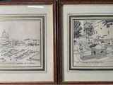 two framed drawings of a view of a city and a park