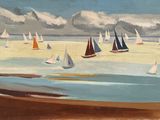 tableau représentant des voiliers sur une plage sous un ciel nuageux
