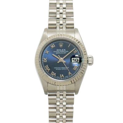 rolex lady ' s watch with blue dial and roman numerals