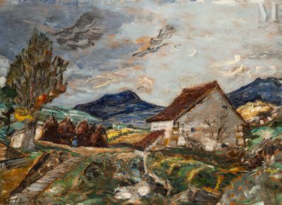 un tableau représentant une scène de vie à la ferme, survolée par un oiseau