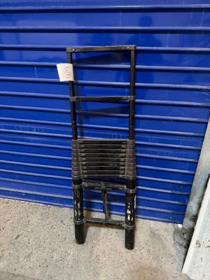 une image représentant une échelle noire appuyée contre une porte de garage bleue