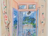une image représentant un tableau montrant une fenêtre ouverte avec une vue sur les montagnes