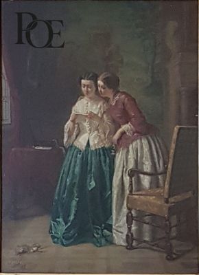 tableau représentant deux femmes en costume d'époque debout devant une chaise