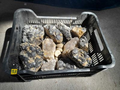 a basket full of rocks sitting on the ground
