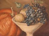 a painting of a bowl of fruit and a pumpkin on a table