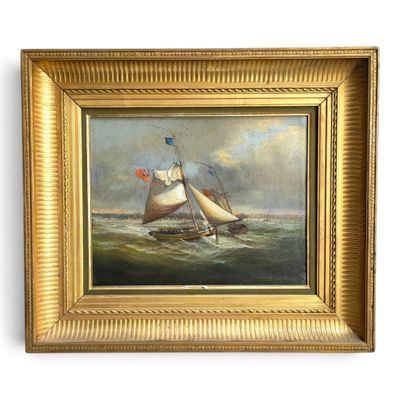 une peinture à l'huile représentant un voilier en mer, arborant un drapeau