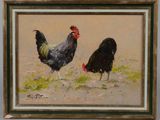 un tableau représentant un coq et une poule dans un champ