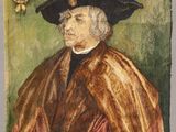 un vieux tableau représentant un homme vêtu d'un manteau marron et d'un chapeau noir