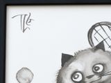 a drawing of a cat with a tennis racket