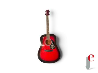 an image of a red acoustic guitar sitting on top of a white surface
