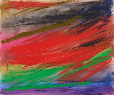 une peinture abstraite composée de rouge, de vert et de bleu sur fond blanc