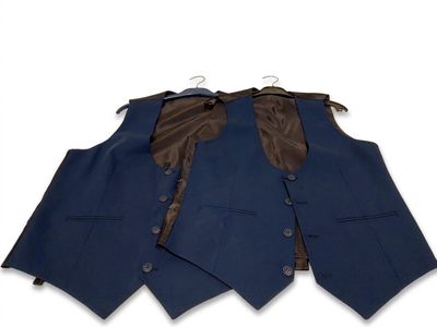 three pieces of blue vests with brown ties on a white background