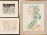 three framed drawings of a woman with a striped scarf and a man in a striped shirt