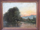 an oil painting of a river with trees and mountains in the background