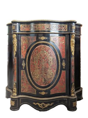 an image of a black and red cabinet with gold accents