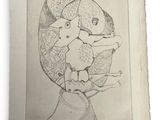 an old drawing of a woman with a cat on her head