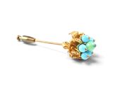 turquoise and gold flower broochle pin with leaves on a white background