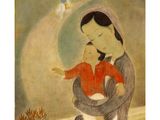 une peinture représentant une femme tenant un bébé dans ses bras